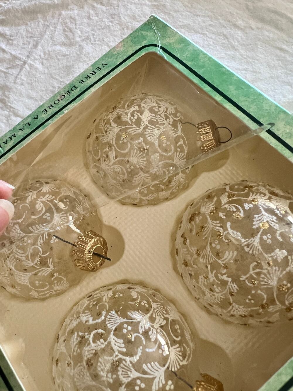 Vintage Christmas by Krebs Clear Glass Ball Ornaments White Gold Set of 4 USA